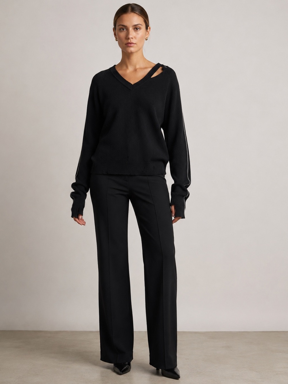 Helmut Lang Black Distressed Cutout V Neck Ribbed Sweater Wool Cashmere Blend Sm
